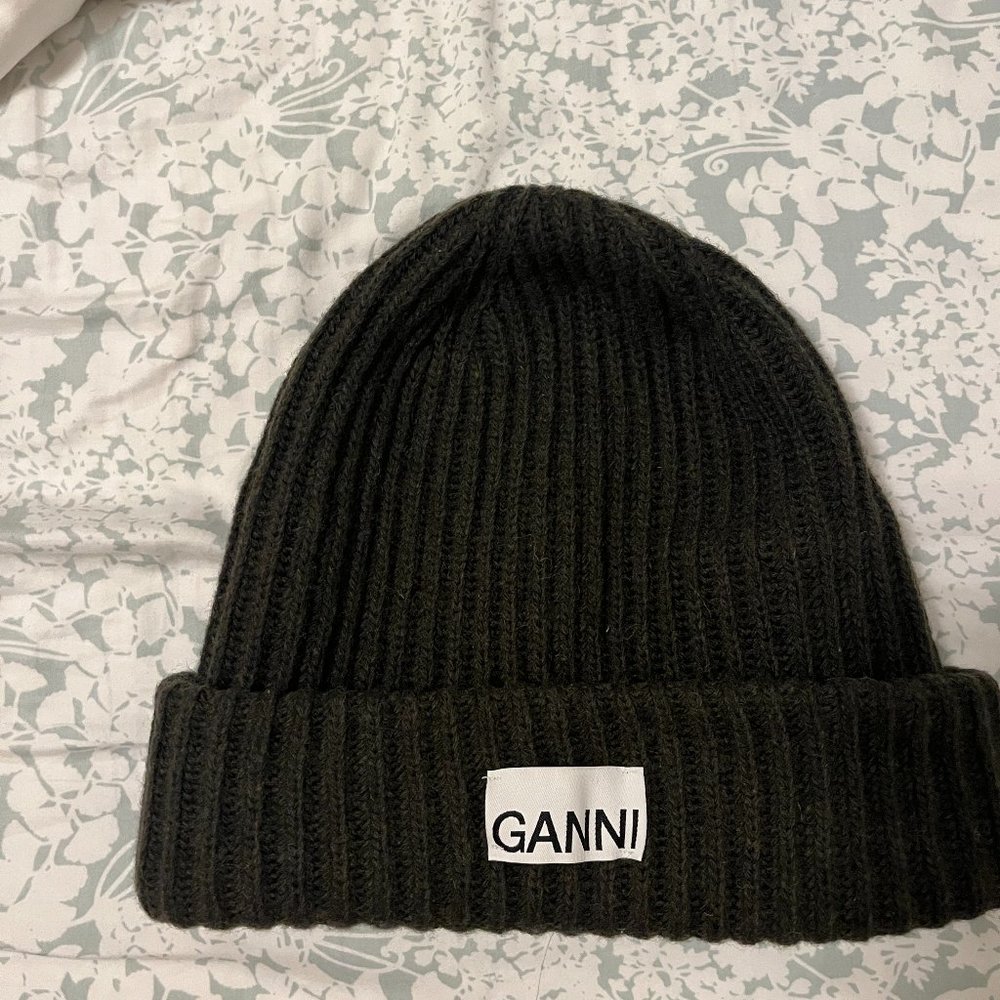 GANNI Green Recycled Rib Knit Beanie